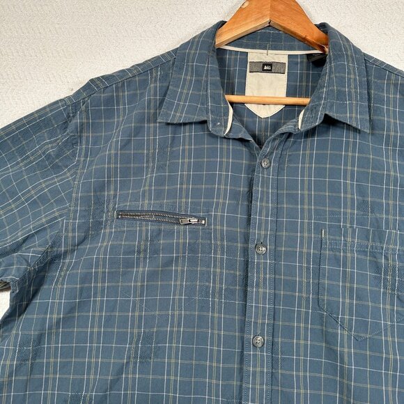 REI Mens Size XL Shirt Short Sleeve Button Front Blue Plaid Y2K Embroidered Sun - Picture 3 of 15